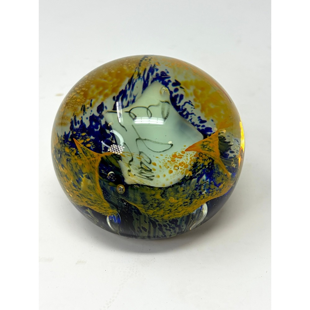 Antique Art Glass Paperweight Eleanor Name Souvenir Blue Yellow Spatter Glass - Picture 3 of 5